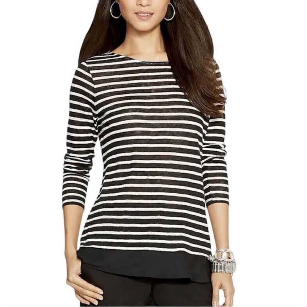 Lauren Ralph Lauren Top Black/white Stripe Linen Knit Chiffon Hem 3/4 Sleeve S